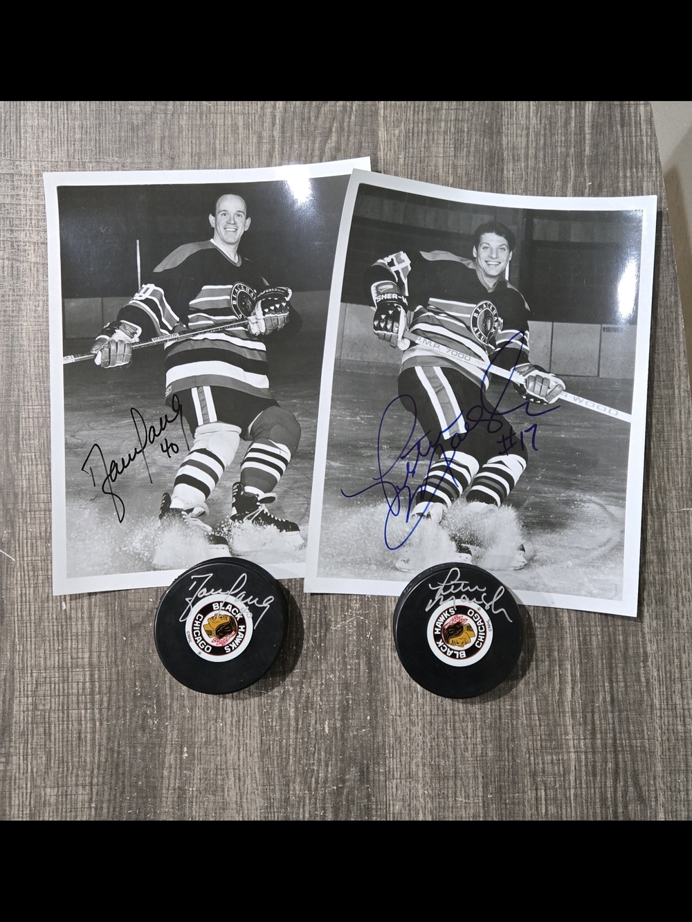 Chicago Blackhawks NHL Autographed Hockey Pucks Photos Darren Pang Peter Marsh